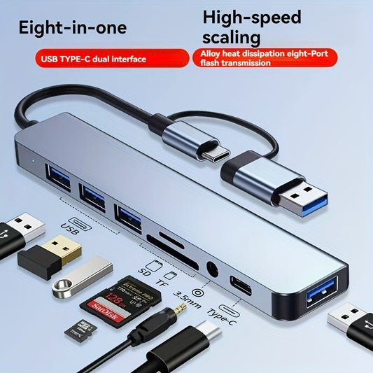 8-in-1 USB 3.0 Hub for Laptops & Desktops - Type-C Docking Station with Multi-Port Simultaneous Use, High-Speed Scaling, CD/TF Card Reader, Keyboard, Mouse, Hard Drive, and Fan Connections, Docking Station for Laptop