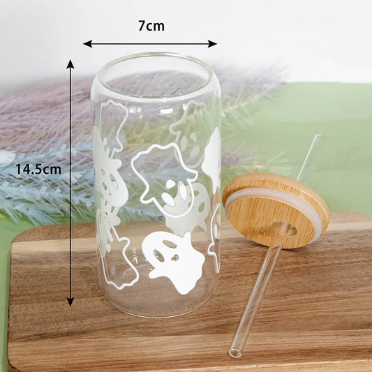Mugs Halloween Ghost Decoration Spooky Ghost Glass Cup with Lid Straw Tumbler Iced Coffee Glassware Birthday Gift Kitchen Stuff