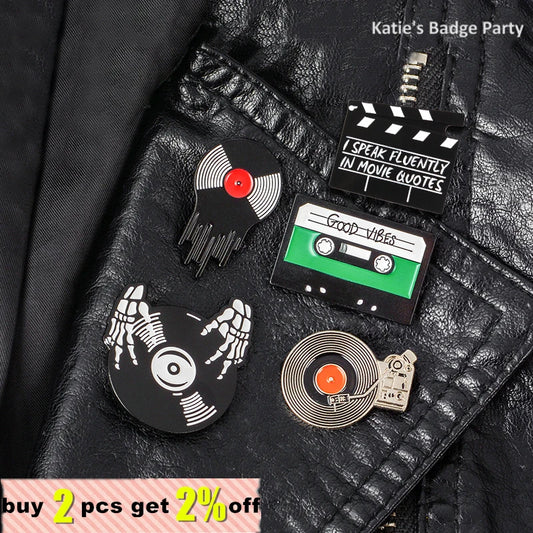 Punk Music Lovers Enamel Pin Good Vibes Tape DJ Vinyl Record Player Badge Brooch Lapel Pins Jeans Shirt Jewelry Gifts Wholesale