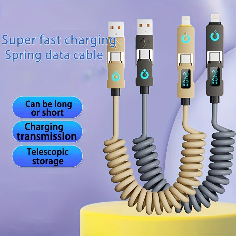 240Wmax 4-in-1 USB-C Charging Cable with Digital Display - Soft & Elastic Spring Wire, Fast Charging for iPhone, Xiaomi, Huawei & More - Multi-Port, High-Speed Data Transfer, Car Mountable, Car Charging Cable | Flexible Charg