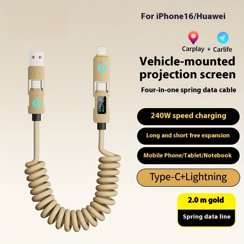 240Wmax 4-in-1 USB-C Charging Cable with Digital Display - Soft & Elastic Spring Wire, Fast Charging for iPhone, Xiaomi, Huawei & More - Multi-Port, High-Speed Data Transfer, Car Mountable, Car Charging Cable | Flexible Charg