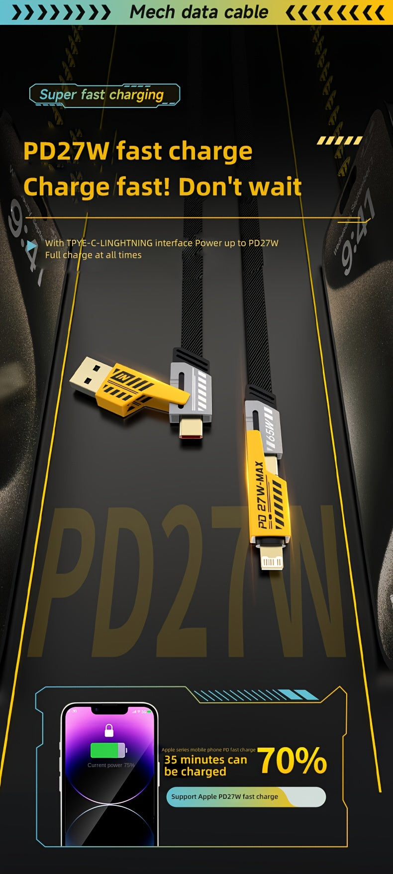 4-in-1 Fast Charging Cable, 47.24 in/120cm Dual Type-C & USB Lighting Connectors, Fabric Flat Cable, Matte Surface, USB Male to Male, Compatible with iPhone 15, For IPhone, USB Type C Charger Tablet Charge Cable