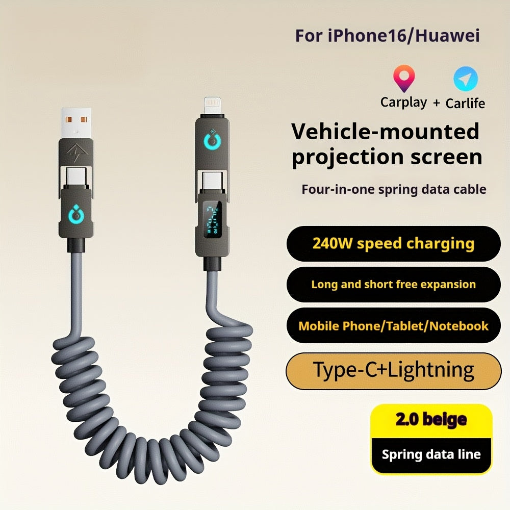 240Wmax 4-in-1 USB-C Charging Cable with Digital Display - Soft & Elastic Spring Wire, Fast Charging for iPhone, Xiaomi, Huawei & More - Multi-Port, High-Speed Data Transfer, Car Mountable, Car Charging Cable | Flexible Charg