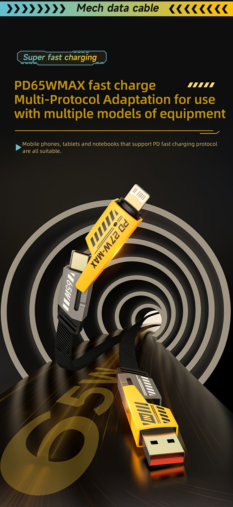 4-in-1 Fast Charging Cable, 47.24 in/120cm Dual Type-C & USB Lighting Connectors, Fabric Flat Cable, Matte Surface, USB Male to Male, Compatible with iPhone 15, For IPhone, USB Type C Charger Tablet Charge Cable