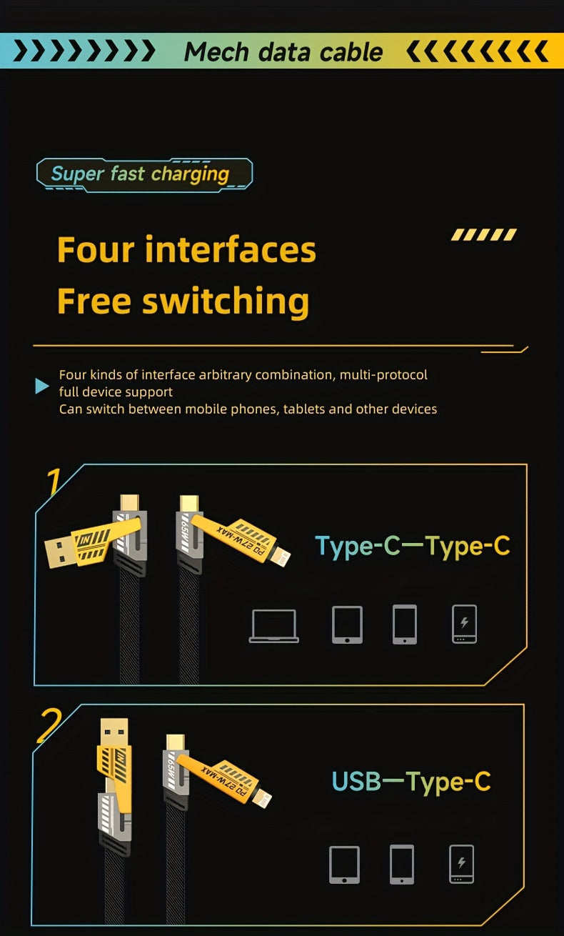 4-in-1 Fast Charging Cable, 47.24 in/120cm Dual Type-C & USB Lighting Connectors, Fabric Flat Cable, Matte Surface, USB Male to Male, Compatible with iPhone 15, For IPhone, USB Type C Charger Tablet Charge Cable