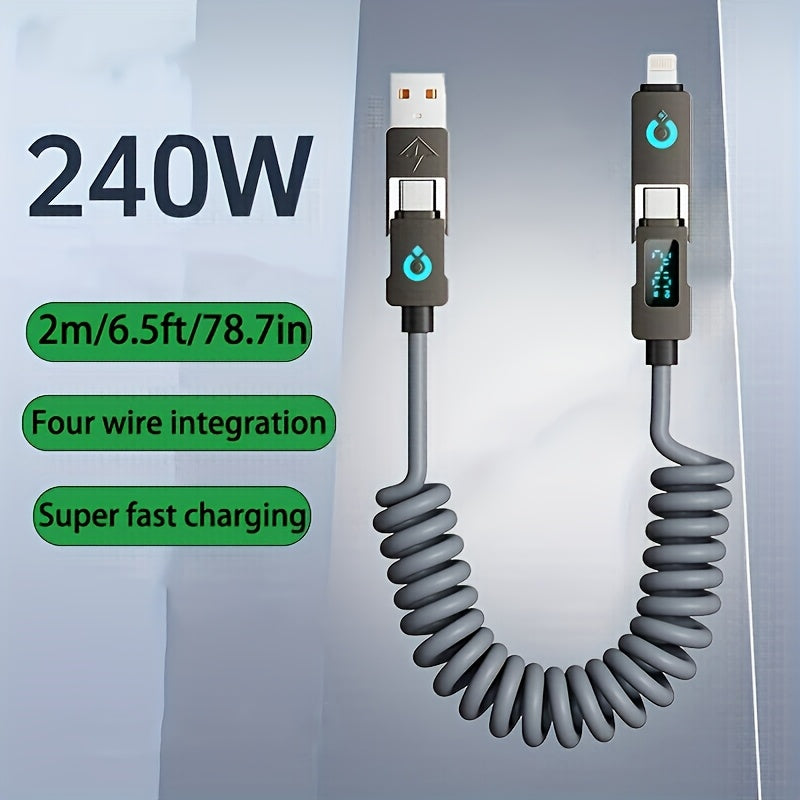 240Wmax 4-in-1 USB-C Charging Cable with Digital Display - Soft & Elastic Spring Wire, Fast Charging for iPhone, Xiaomi, Huawei & More - Multi-Port, High-Speed Data Transfer, Car Mountable, Car Charging Cable | Flexible Charg
