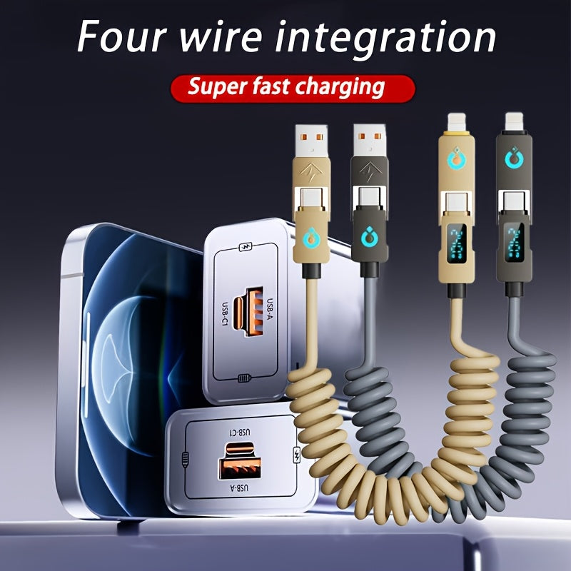 240Wmax 4-in-1 USB-C Charging Cable with Digital Display - Soft & Elastic Spring Wire, Fast Charging for iPhone, Xiaomi, Huawei & More - Multi-Port, High-Speed Data Transfer, Car Mountable, Car Charging Cable | Flexible Charg