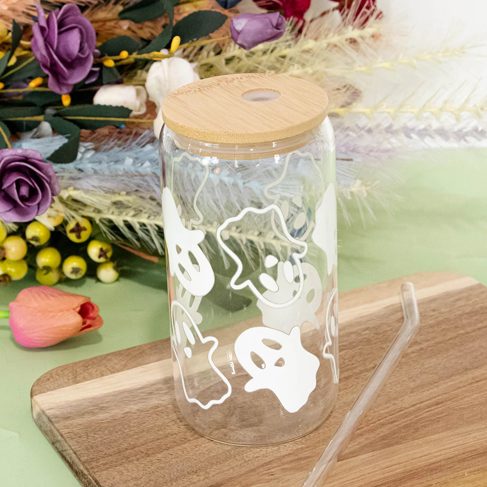Mugs Halloween Ghost Decoration Spooky Ghost Glass Cup with Lid Straw Tumbler Iced Coffee Glassware Birthday Gift Kitchen Stuff
