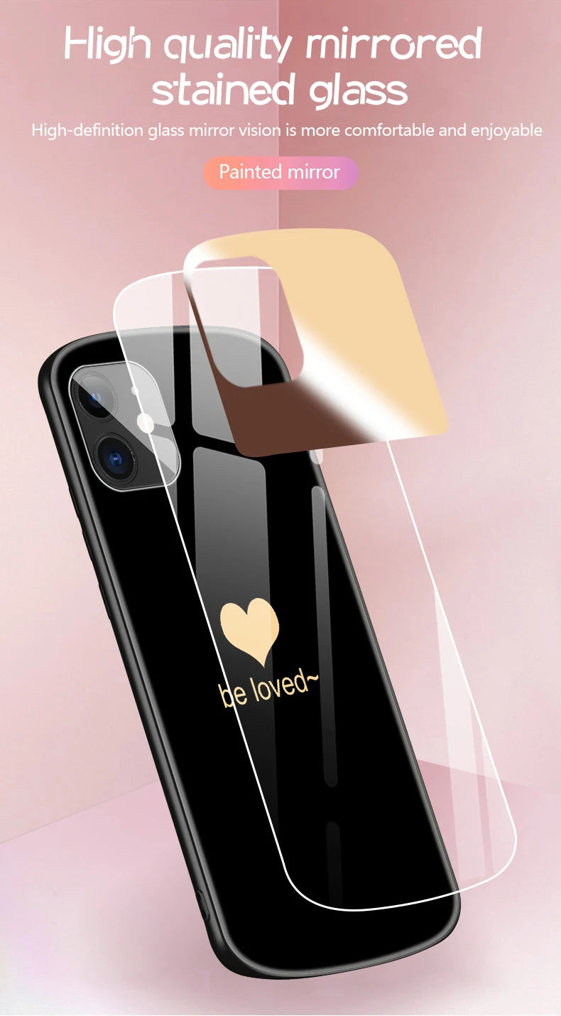 Luxury Cute Oval Heart-shaped Tempered Glass Phone Case For iPhone 16 E 15 14 13 12 11 Pro Max XS XR Plus Mirror Silicone Cover
