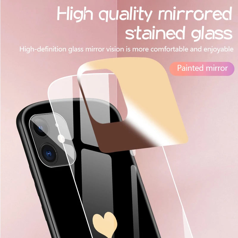 Luxury Cute Oval Heart-shaped Tempered Glass Phone Case For iPhone 16 E 15 14 13 12 11 Pro Max XS XR Plus Mirror Silicone Cover