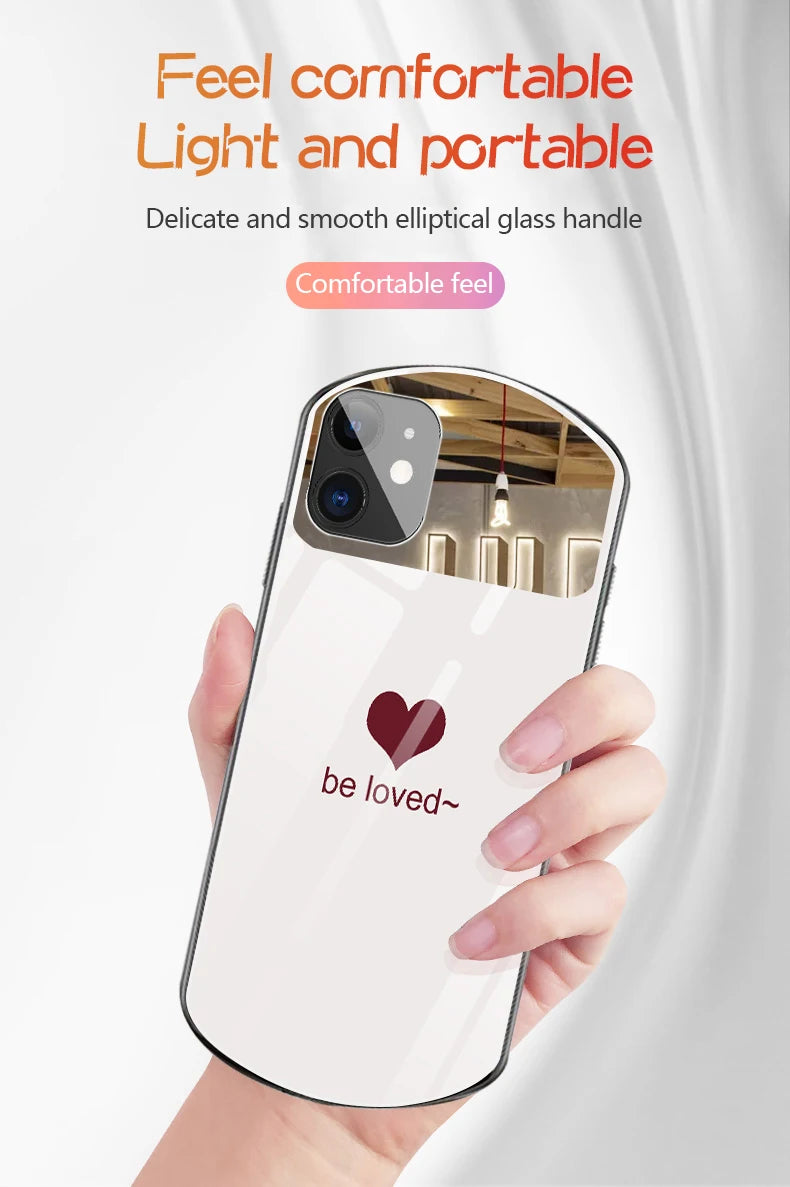 Luxury Cute Oval Heart-shaped Tempered Glass Phone Case For iPhone 16 E 15 14 13 12 11 Pro Max XS XR Plus Mirror Silicone Cover