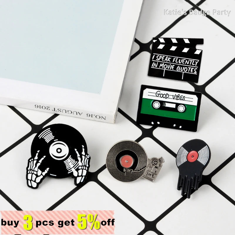 Punk Music Lovers Enamel Pin Good Vibes Tape DJ Vinyl Record Player Badge Brooch Lapel Pins Jeans Shirt Jewelry Gifts Wholesale