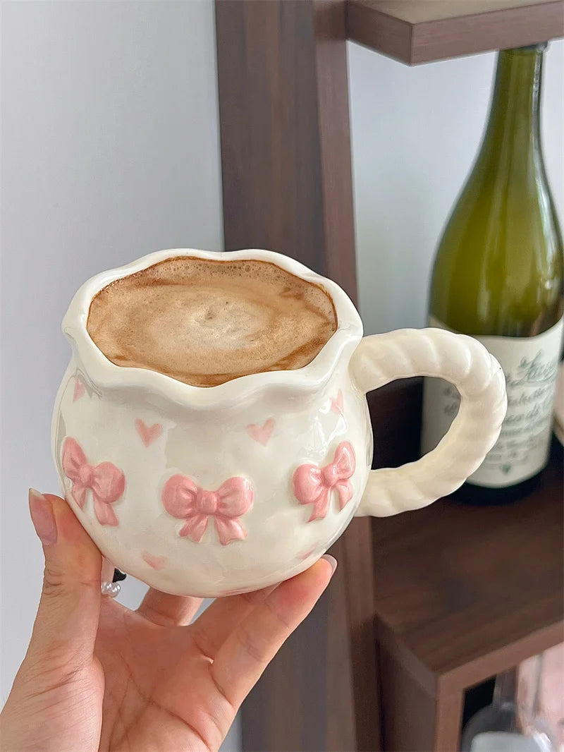 Thickened Cream White Mug Cute Bow Cartoon Ceramic Cup with Handle Milk Cup Coffee Cup Modern Simple Universal Water Cups