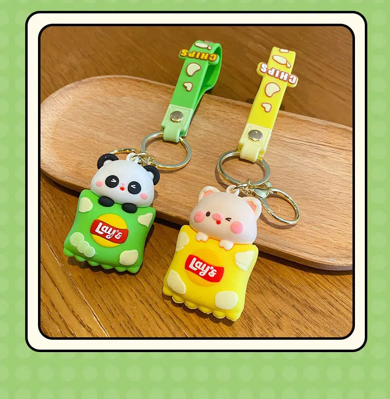 Potato Chips Snack Keychains Alloy & PVC Anime Cartoon Panda & Pig Unique Lobster Clasp Keyring Ideal for Bag Decoration & Gifts