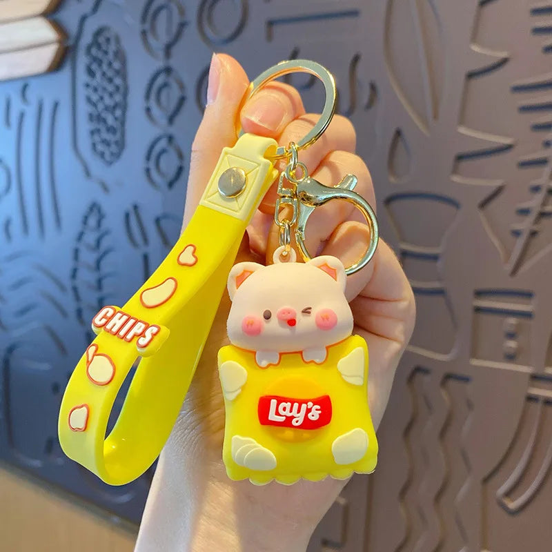 Potato Chips Snack Keychains Alloy & PVC Anime Cartoon Panda & Pig Unique Lobster Clasp Keyring Ideal for Bag Decoration & Gifts