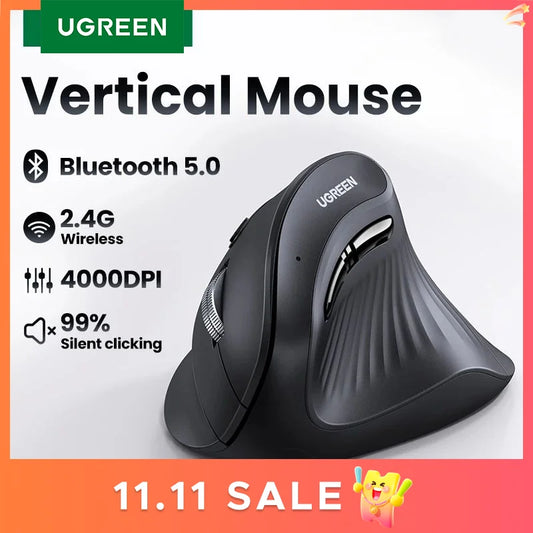 UGREEN Vertical Mouse Wireless Bluetooth5.0 2.4G Ergonomic 4000DPI 6 Mute Buttons for MacBook Tablet Laptops Computer PC Mice