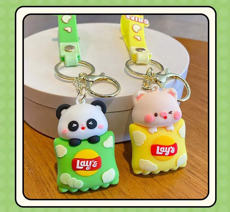 Potato Chips Snack Keychains Alloy & PVC Anime Cartoon Panda & Pig Unique Lobster Clasp Keyring Ideal for Bag Decoration & Gifts