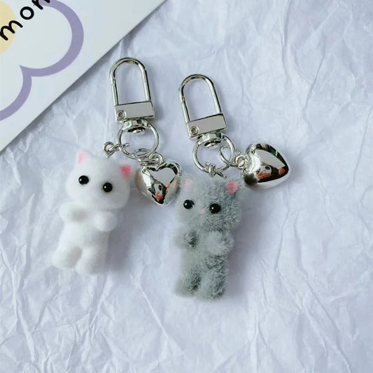 ZAKOL Cute Flocking Cat Keychain 3D Love Phone Pendant Headphone Charm Bag Decor Car Key Ring Jewelry Gift