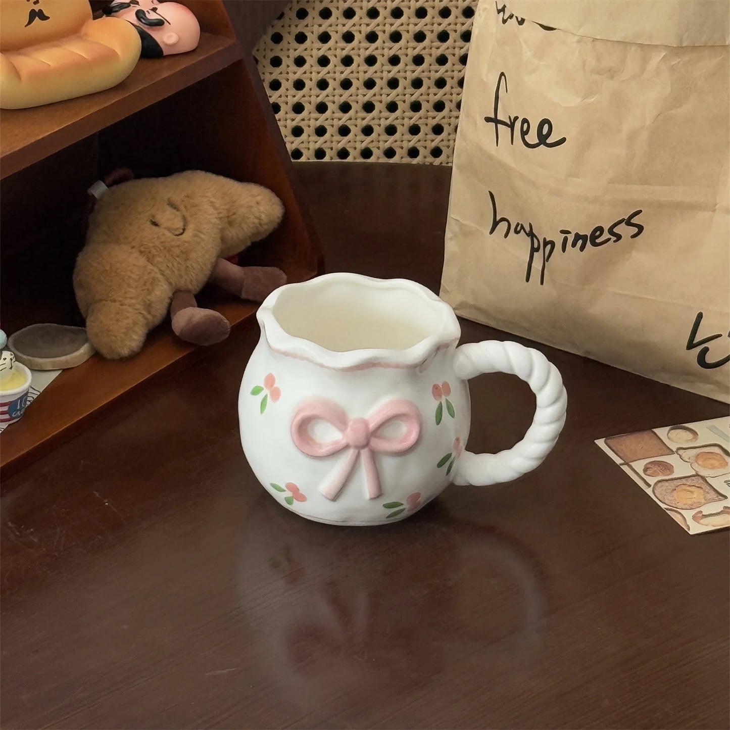 Thickened Cream White Mug Cute Bow Cartoon Ceramic Cup with Handle Milk Cup Coffee Cup Modern Simple Universal Water Cups