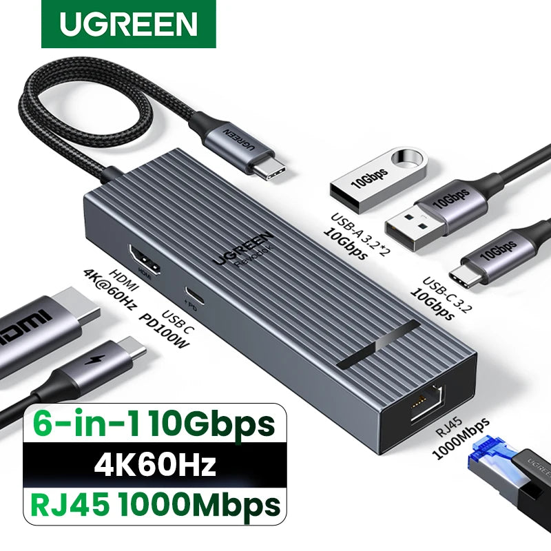 UGREEN 6 in 1 USB C HUB Gigabit Ethernet Adapter with 4K60Hz HDMI PD100W Charging 10Gbps USB A&C 3.2 Data Ports for Laptop iPad