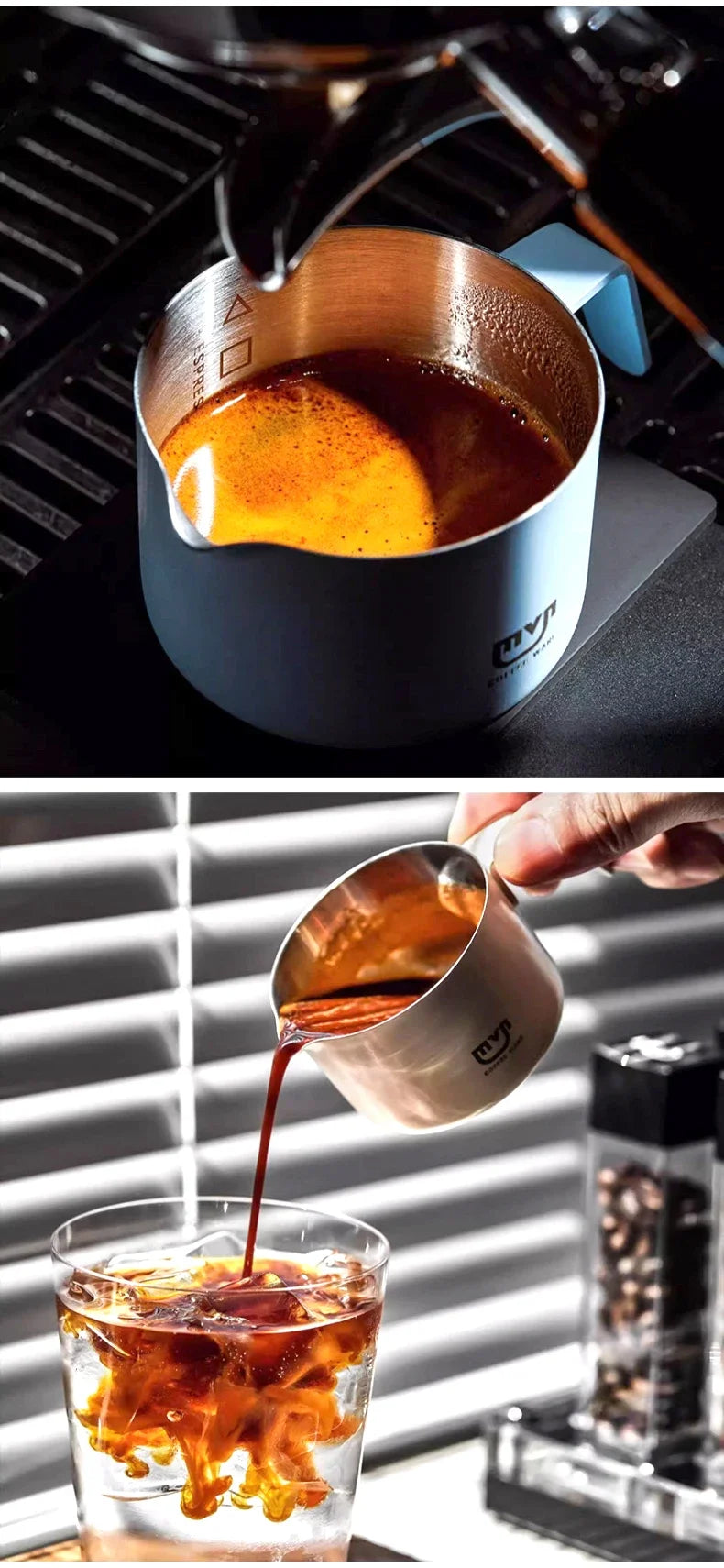 MUVNA Espresso Mug - Star Rain, 100ml Stainless Steel Coffee cup with Scale, Coffee Mugs with Handle, Colourful, Black & White