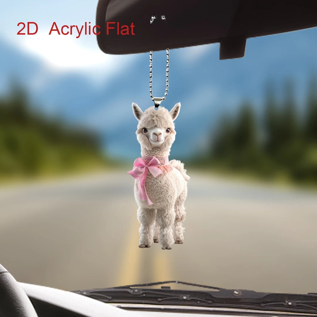 1 Cute Alpaca Acrylic Keychain 2D Graphic Design with Pink Bow Perfect for Car Rearview Mirror Home Decor PendantCarDecorations