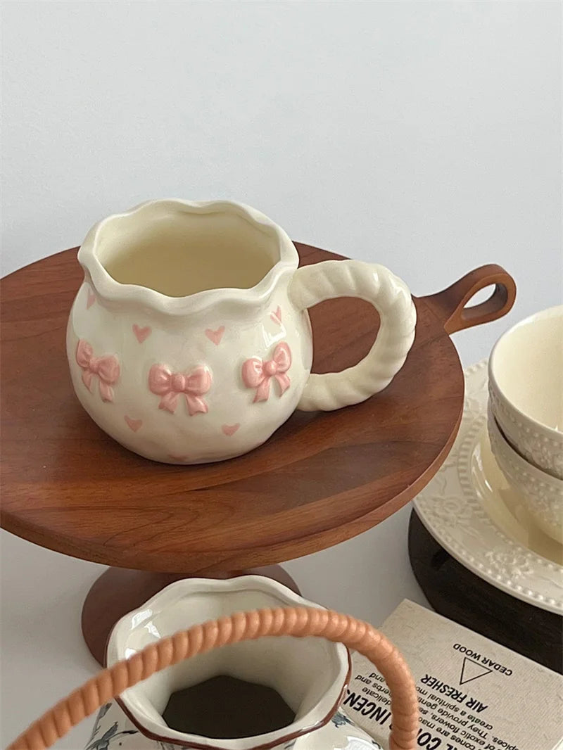 Thickened Cream White Mug Cute Bow Cartoon Ceramic Cup with Handle Milk Cup Coffee Cup Modern Simple Universal Water Cups