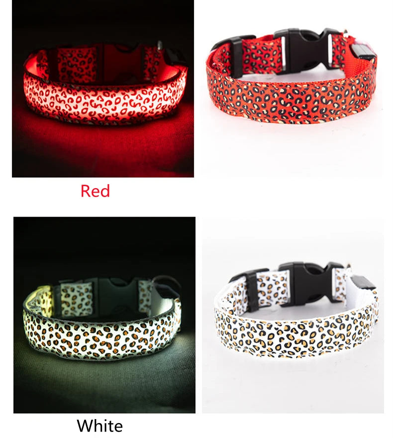 Pet LED Luminous Collar for Dog Adjustable Leopard Glow Cat Collar Night Safety Collar Teddy Golden Retriever for Walking Dogs