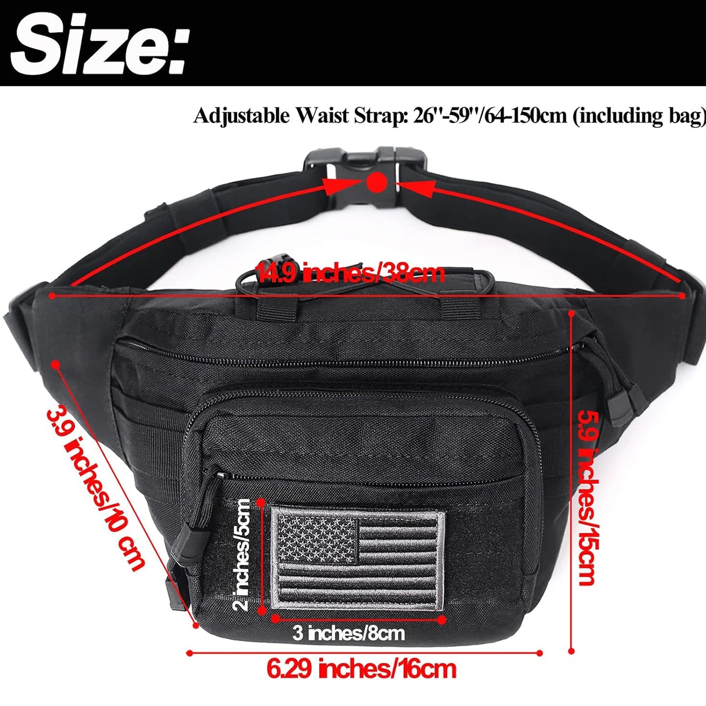 Tactical Fanny Pack,  Waist Bag Hip Belt Bumbag Utility Bags for Outdoor Hiking Climbing Fishing with U.S Patch