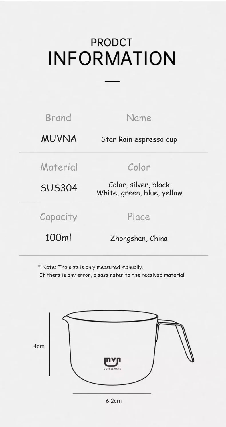 MUVNA Espresso Mug - Star Rain, 100ml Stainless Steel Coffee cup with Scale, Coffee Mugs with Handle, Colourful, Black & White