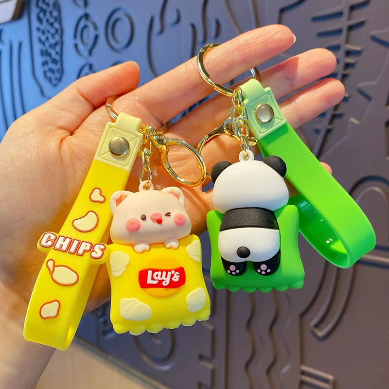 Potato Chips Snack Keychains Alloy & PVC Anime Cartoon Panda & Pig Unique Lobster Clasp Keyring Ideal for Bag Decoration & Gifts