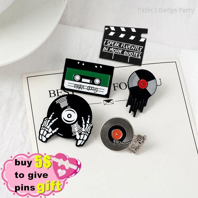 Punk Music Lovers Enamel Pin Good Vibes Tape DJ Vinyl Record Player Badge Brooch Lapel Pins Jeans Shirt Jewelry Gifts Wholesale