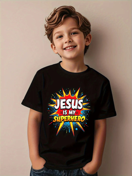 Jesus is My Superhero Funny Vibrant Cartoon Fashion Kids Printed T-Shirt Summer Girl Boy Shirt Casual Tops Crewneck Clothing