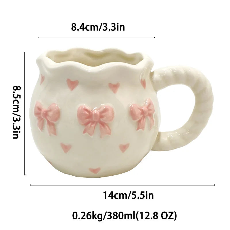 Thickened Cream White Mug Cute Bow Cartoon Ceramic Cup with Handle Milk Cup Coffee Cup Modern Simple Universal Water Cups