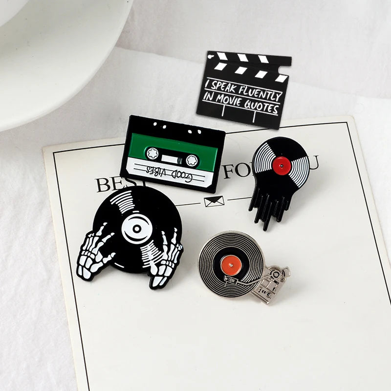 Punk Music Lovers Enamel Pin Good Vibes Tape DJ Vinyl Record Player Badge Brooch Lapel Pins Jeans Shirt Jewelry Gifts Wholesale