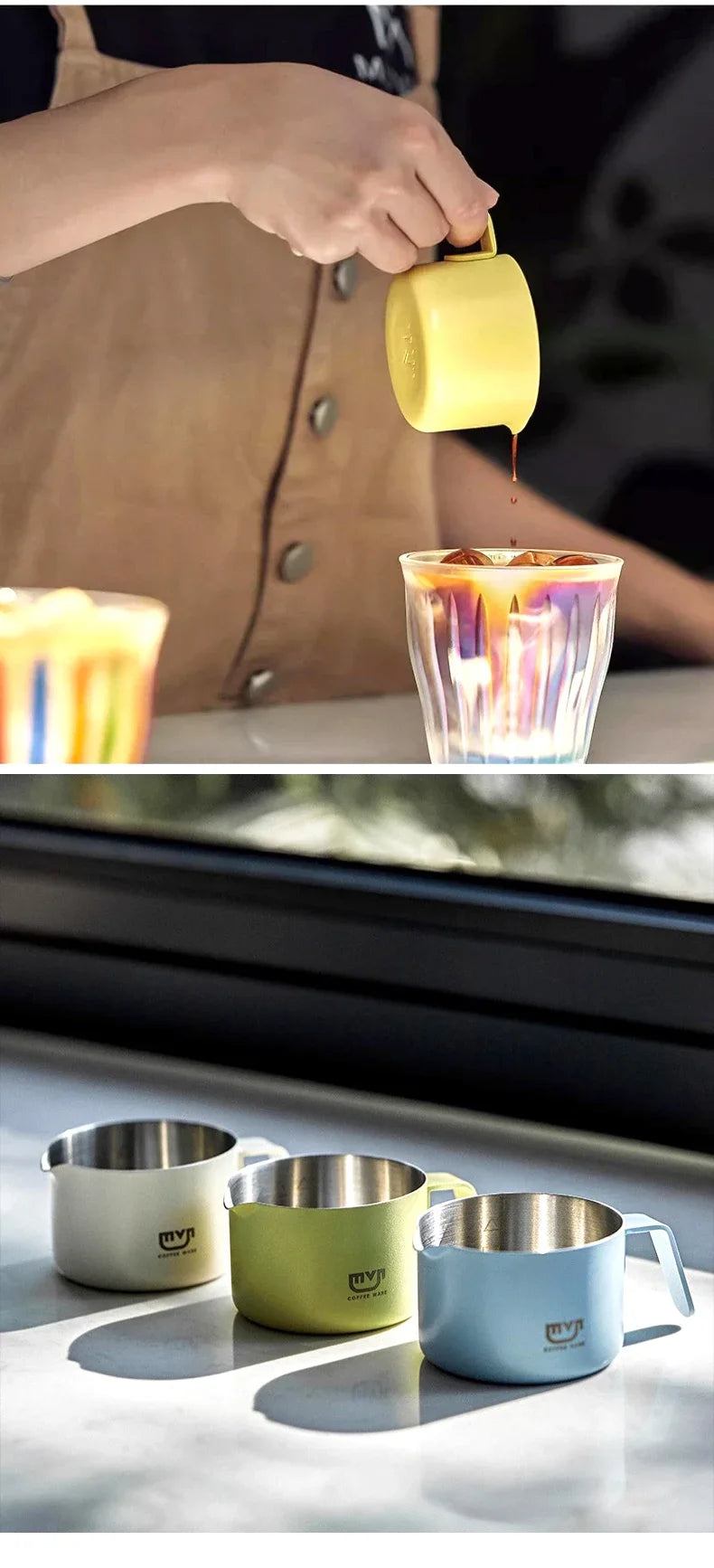 MUVNA Espresso Mug - Star Rain, 100ml Stainless Steel Coffee cup with Scale, Coffee Mugs with Handle, Colourful, Black & White