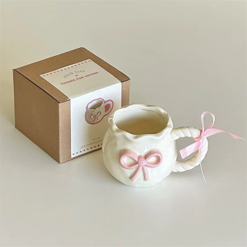 Thickened Cream White Mug Cute Bow Cartoon Ceramic Cup with Handle Milk Cup Coffee Cup Modern Simple Universal Water Cups