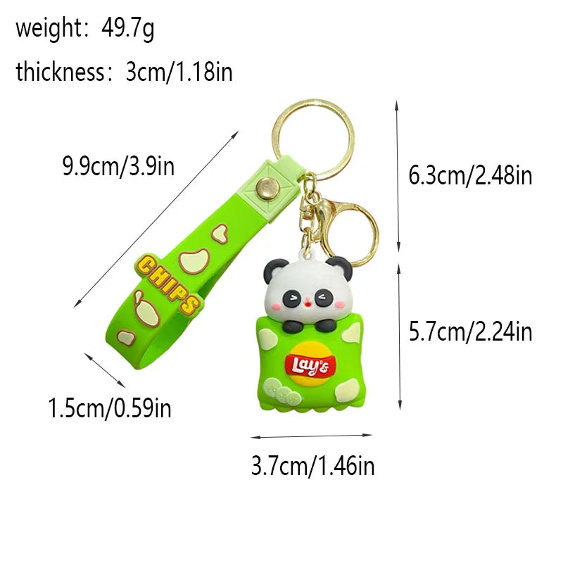 Potato Chips Snack Keychains Alloy & PVC Anime Cartoon Panda & Pig Unique Lobster Clasp Keyring Ideal for Bag Decoration & Gifts