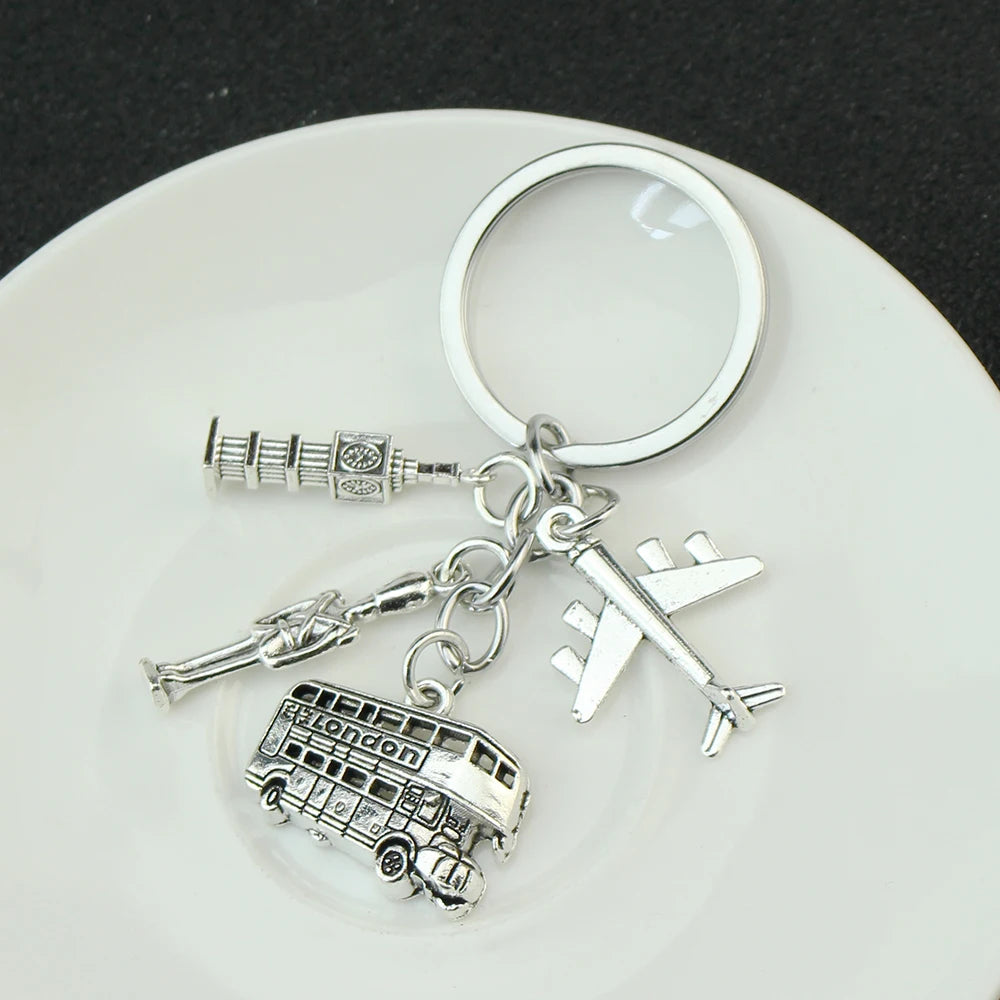 London Keychain Big Ben & Bus Charm Keyring with Camera - Engraved England Travel Souvenir Gift for Backpackers