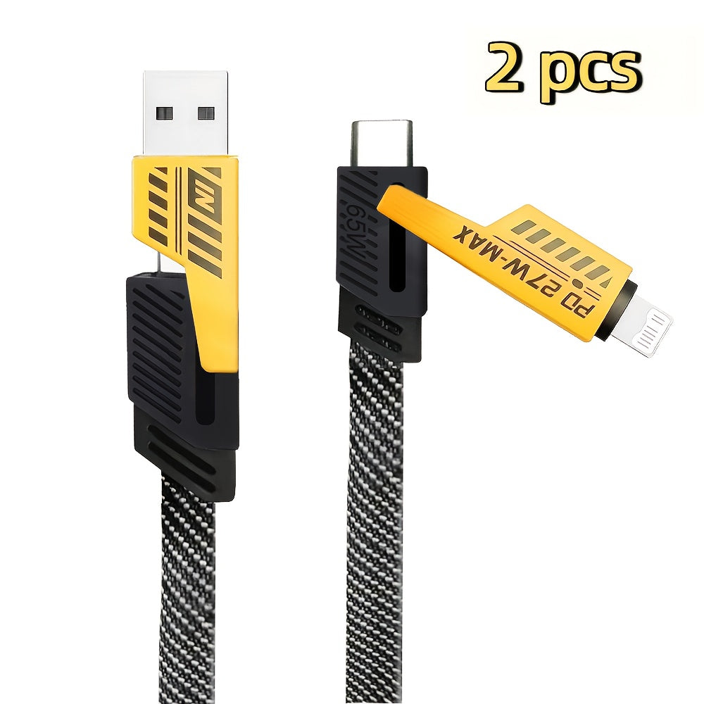 4-in-1 Fast Charging Cable, 47.24 in/120cm Dual Type-C & USB Lighting Connectors, Fabric Flat Cable, Matte Surface, USB Male to Male, Compatible with iPhone 15, For IPhone, USB Type C Charger Tablet Charge Cable