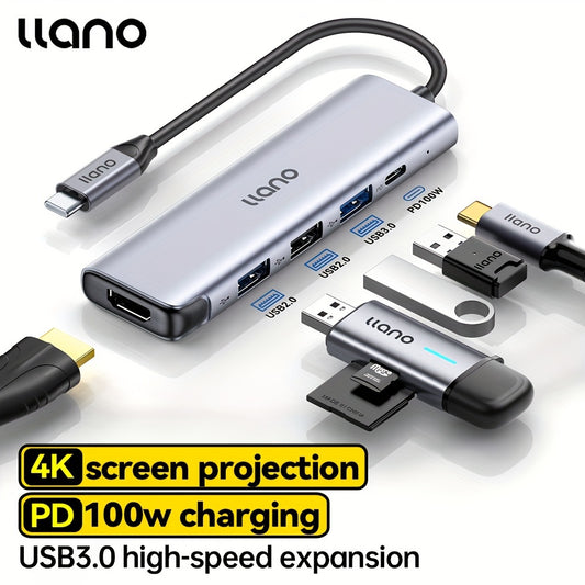 LLANO 5-in-1 USB-C Hub with 4K@30Hz HDTV Projection, 3 USB Ports, Aluminum Type-C Adapter for Tablets, Laptops, Projectors - PD 100W Power Supply & High-Speed USB 3.0 Expansion