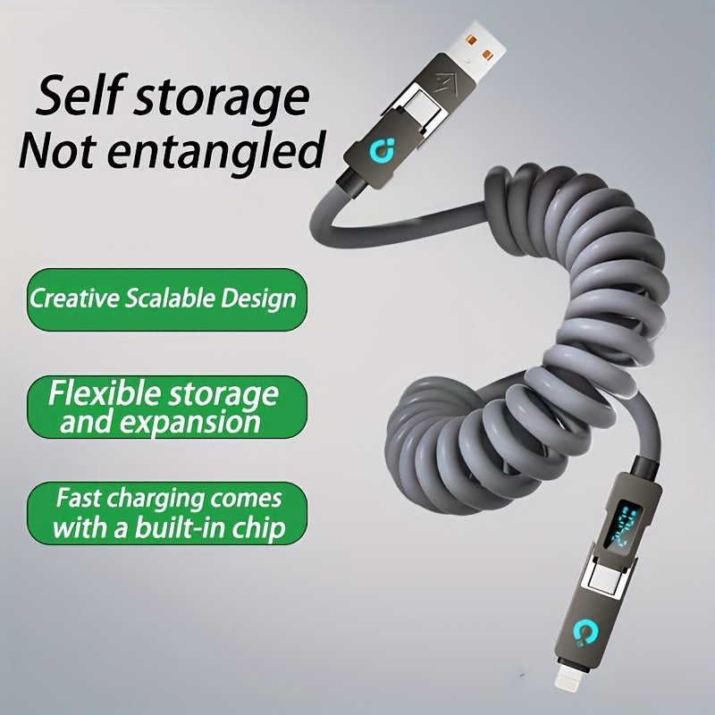 240Wmax 4-in-1 USB-C Charging Cable with Digital Display - Soft & Elastic Spring Wire, Fast Charging for iPhone, Xiaomi, Huawei & More - Multi-Port, High-Speed Data Transfer, Car Mountable, Car Charging Cable | Flexible Charg