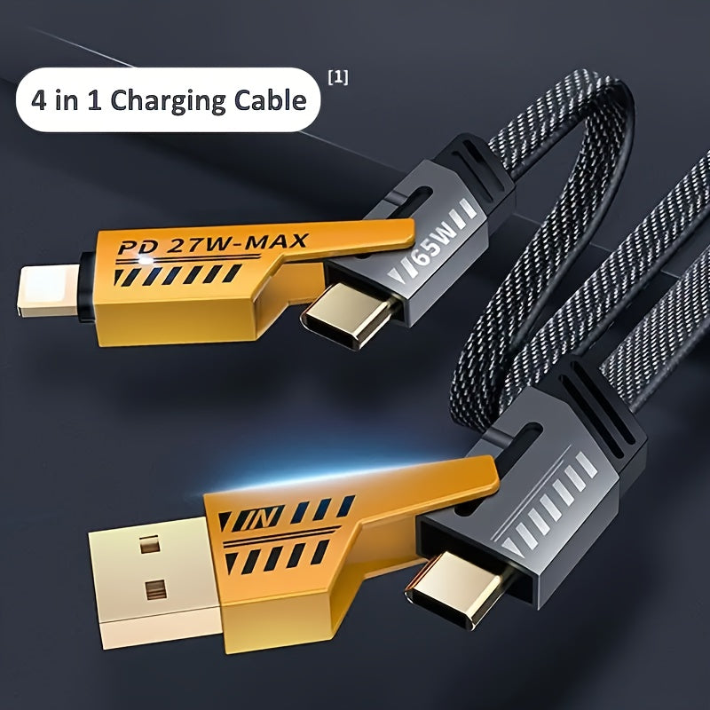 4-in-1 Fast Charging Cable, 47.24 in/120cm Dual Type-C & USB Lighting Connectors, Fabric Flat Cable, Matte Surface, USB Male to Male, Compatible with iPhone 15, For IPhone, USB Type C Charger Tablet Charge Cable